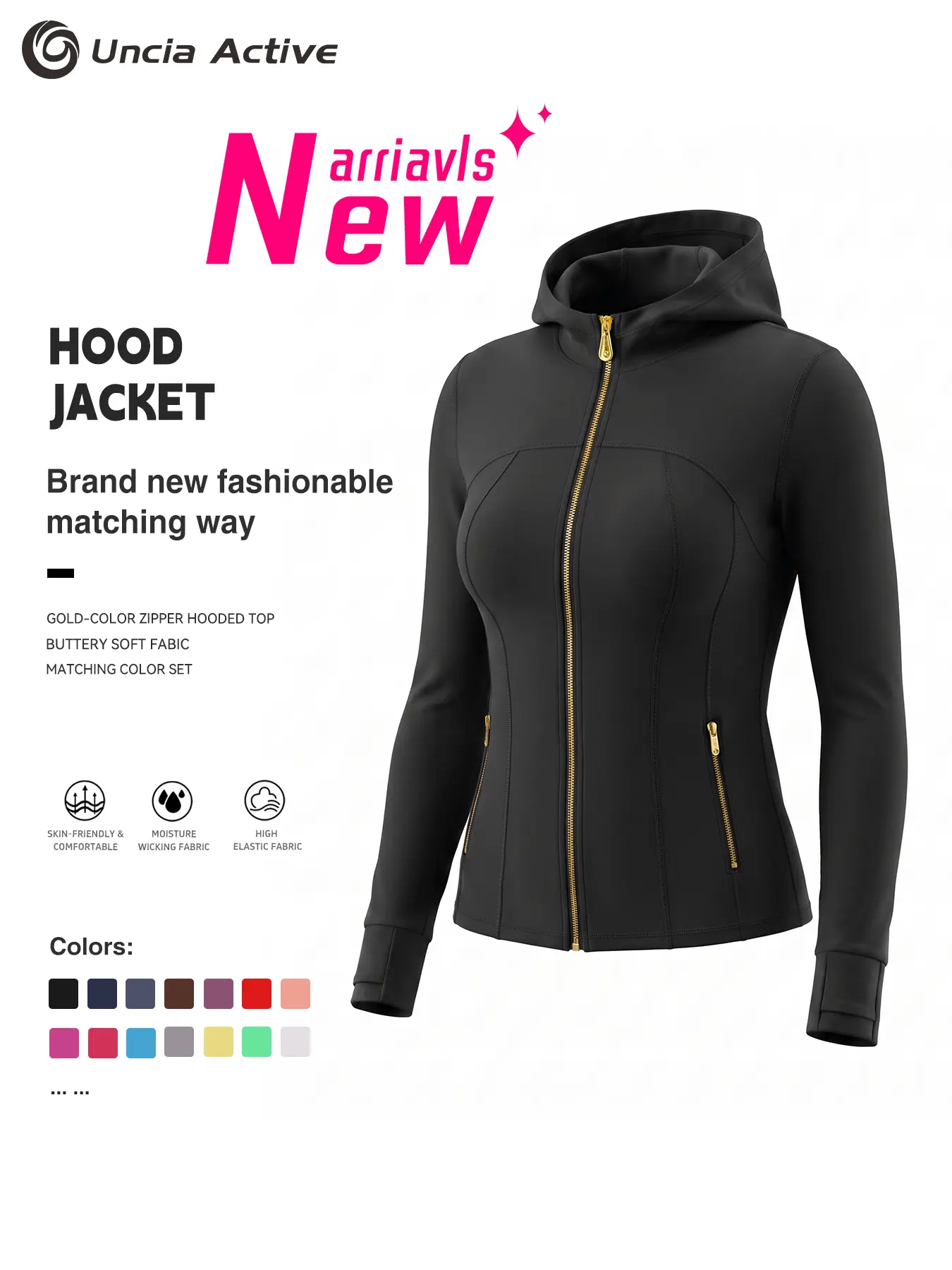 Women’s Hooded style yoga jacket with Gold Zippers! Buttery soft stretch fabric, slim waist design highlights your curves. Skin-friendly & moisture-wicking, perfect for gym, running, daily casual wear. Built-in thumb holes & zipper pockets