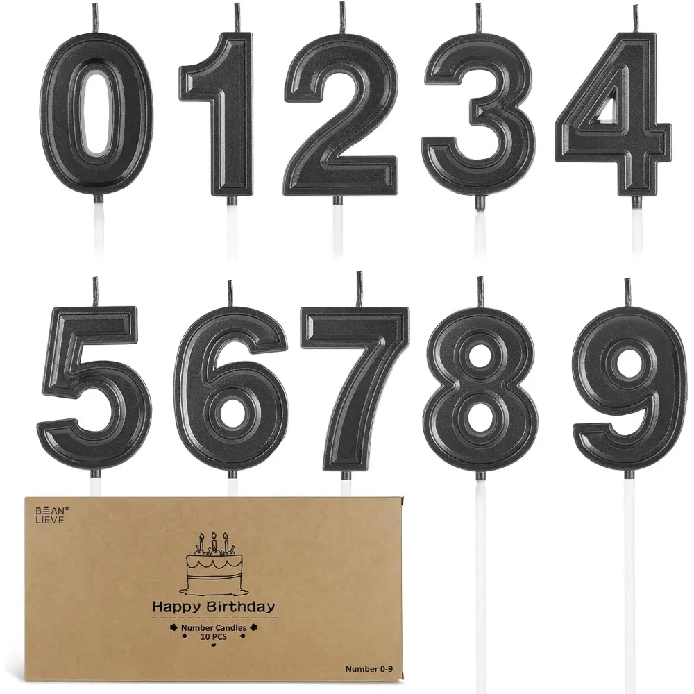 Luxury Wax Number Candle Set - 10 Pcs (Digits 0-9) Black Numeric Cake Decorations for Birthday, Anniversary, Wedding - Home & Festive Party Supplies
