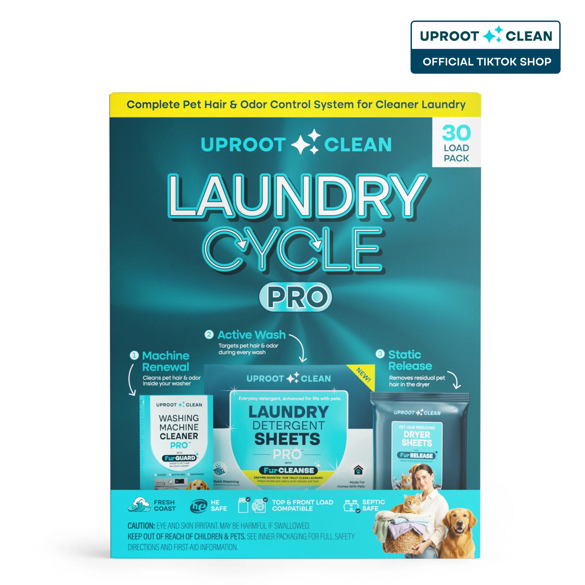 Uproot Clean Laundry Cycle Pro - Pet Laundry Detergent Sheets, Washer Cleaner Tablets & Dryer Sheets Bundle - FurCLEANSE Enzyme Blend for Pet Odor & Hair Release - 60 Loads, 1 Month Washer Care, 30 Dryer Sheets - Pet-Safe & Septic-Safe