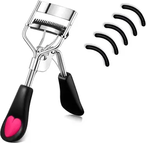 Stainless Steel Eyelash Curler with Comb – Pain-Free Lash Curler for Any Eye Shape, Includes 5 Silicone Pads, Long-Lasting Curl (Black)
