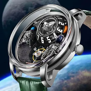 Luxury Men's Astronaut Moon Watch Sapphire Crystal Case Unique Style Analog 22mm Stainless Steel Band Hollow Mechanical Design