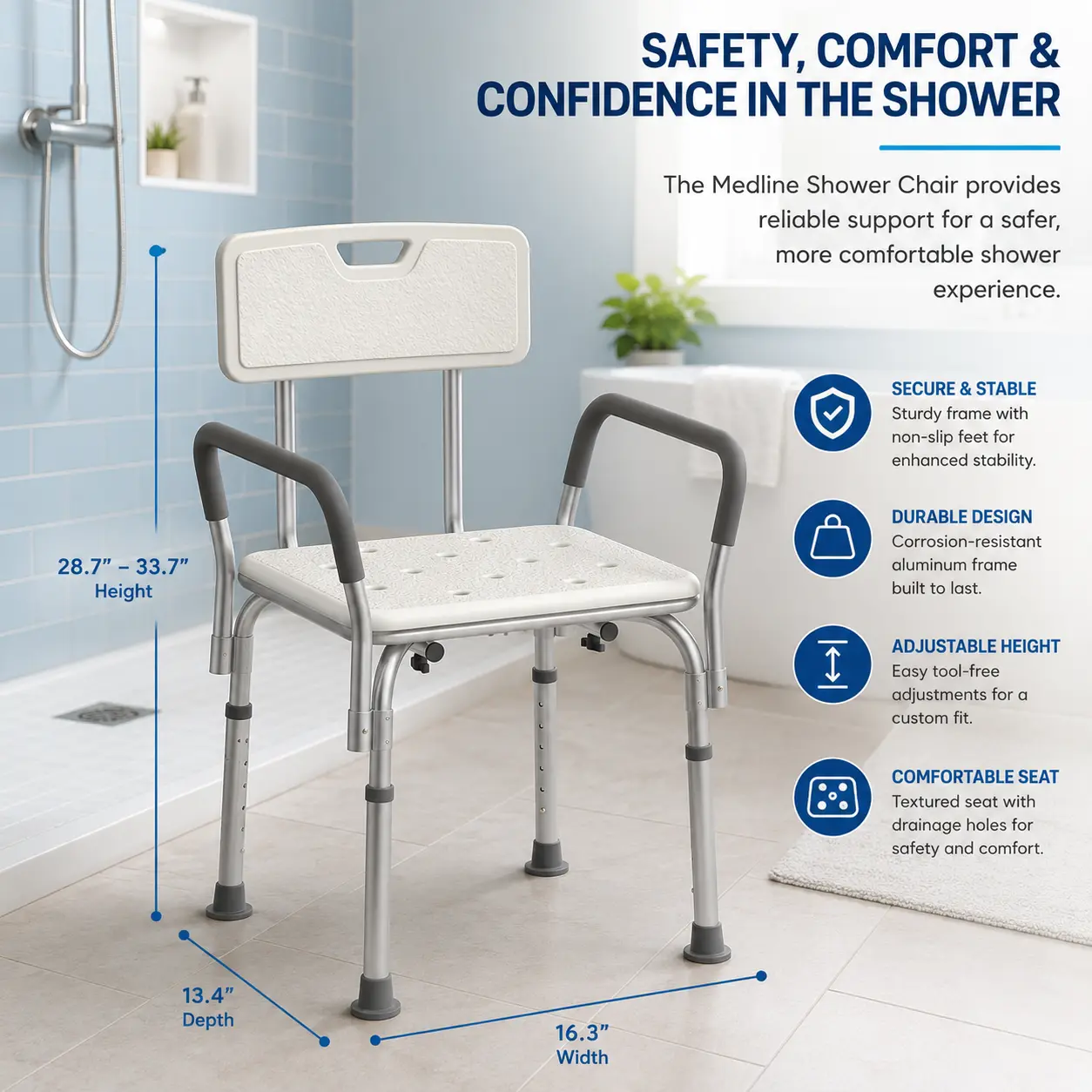 Backless Bathroom Shower Chair with Arm Supports - 350lb Capacity Accessibility Bench for Disabled Adults, Safe Seating Elderly Care Home Bathroom Supply