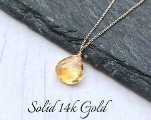 Yellow Topaz Teardrop Necklace- Solid 14k Gold November Birthstone
