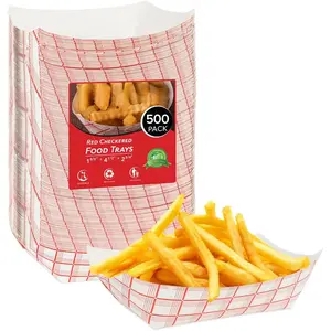 500 Pack 2 Lb Disposable Red & White Checkered Paper Trays, Eco Friendly Serving Boats for Concession Food & Condiments, Nacho Trays