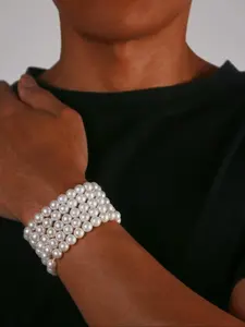 Artificial Pearl Decorated Bracelet Set, Fashionable Elastic Beaded Adjustable Bracelets for Men, Casual Trendy Accessories for Party and Daily Life, Trendy Jewelry, Stackable Bracelet Set