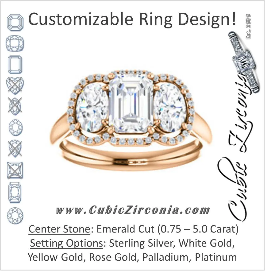 Cubic Zirconia Engagement Ring- The Carissa (Customizable Emerald Cut 3-stone Halo Style with Oval Accents)