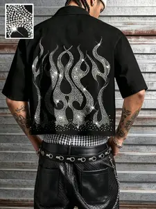 Men's Rhinestone Flame Short Shirt, Short Sleeve Open Front, Sparkling Rhinestone Flame Print, Street Hip Hop Casual Top