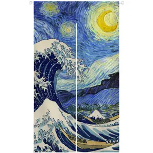 Japanese Noren Door Curtain for Bedroom Tapestry Wall Hanging for Home Decor Great Wave off Kanagawa by Hokusai Van Gogh, 33.5"x 59" Decoration Window