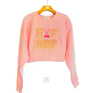Hip Hop Bunny Sweatshirt / Easter Sweatshirt / Light Pink Varsity Chenille Letter Patches & Watercolor Bunny Fleece Crewneck Pullover / Womenswear / Unisex / Long  Sleeve