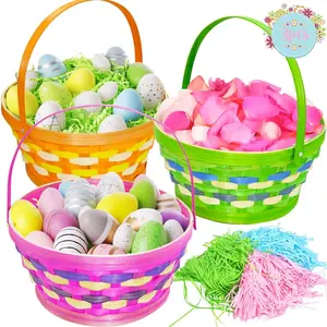 3Pack Easter Plaid Basket for Party Favors, Round Woven Goodie Basket with Folding Handle for Easter Egg Hunt Storage, Picnic, Decorations