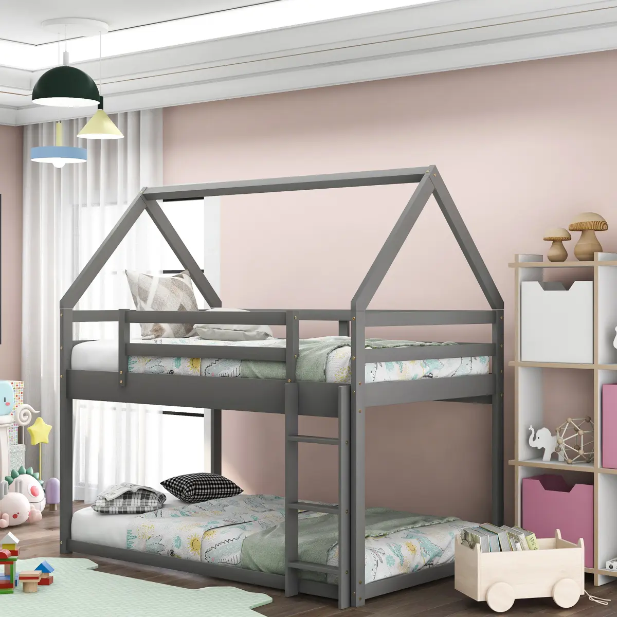 House-Shaped Bunk Beds – Twin with Slide / Twin over Twin Low / Twin over Full, Solid Pine Wood, White/Gray