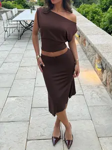 Women Solid Off the Shoulder Sleeveless Crop Top & Bodycon Midi Dress 2 Piece Set Stretchy Sexy Club Party Outfit 2 Piece Sets Bodycon Skirt Set