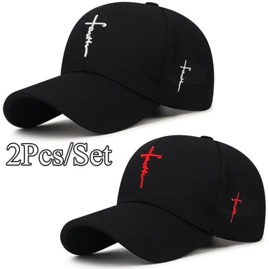 Unisex 2PCS Black and White Baseball Cap Set - Duckbill Hats with Cross Embroidery, Breathable Acrylic, Durable Stylish Headwear for Outdoor Sports, Casual Daily Outfits