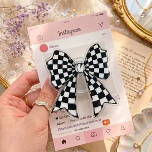 Trendy Checkered Bow Phone Grip Acrylic 2D Expanding Socket Cute Black White Grid Coquette Ribbon Smartphone Stand Holder for Teen Girls Aesthetic