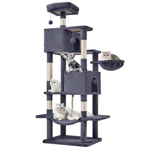 Sweetcrispy Cat Tree with Cat Condo and Big Hammock - 22.44"x13.78"x39.37"H, Faux Fur, Natural Sisal Posts, Hanging Ball, Removable Hammock