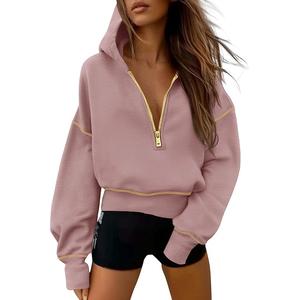 PRETTYGARDEN Women's Pink Hooded Sweatshirt Long Sleeve Half Zip Cropped Pullover with Gold Zipper & Stitching Detail for Winter Fashion