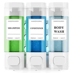 LMMAKE Wall-Mounted Shower Soap Dispenser 3 x 300ml No Drill Shampoo & Conditioner Dispenser with Lockable Design for Bathroom Hotel Use White with Labels