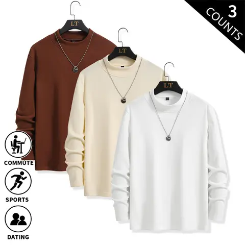New men’s mock neck long-sleeve top, 3-pack, soft brushed fabric, slim fit with stretch, a fall essential, minimalist basic style for men