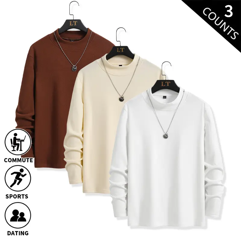 New men’s mock neck long-sleeve top, 3-pack, soft brushed fabric, slim fit with stretch, a fall essential, minimalist basic style for men