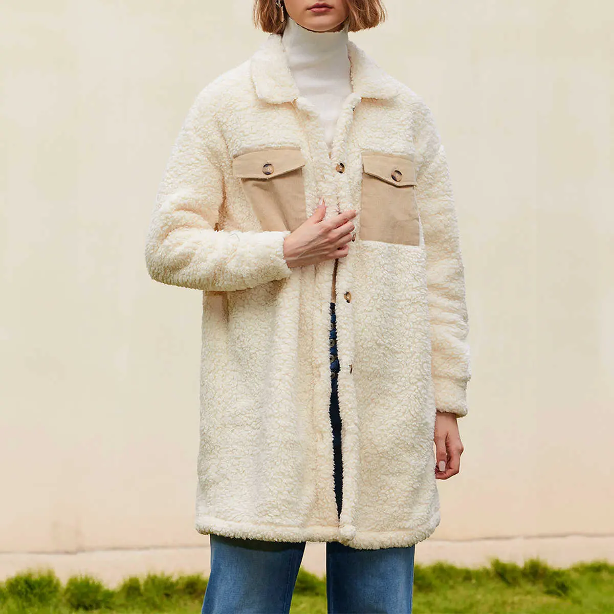 Women's Beige Single-Breasted Teddy Long Coat with Contrast Flap Pocket