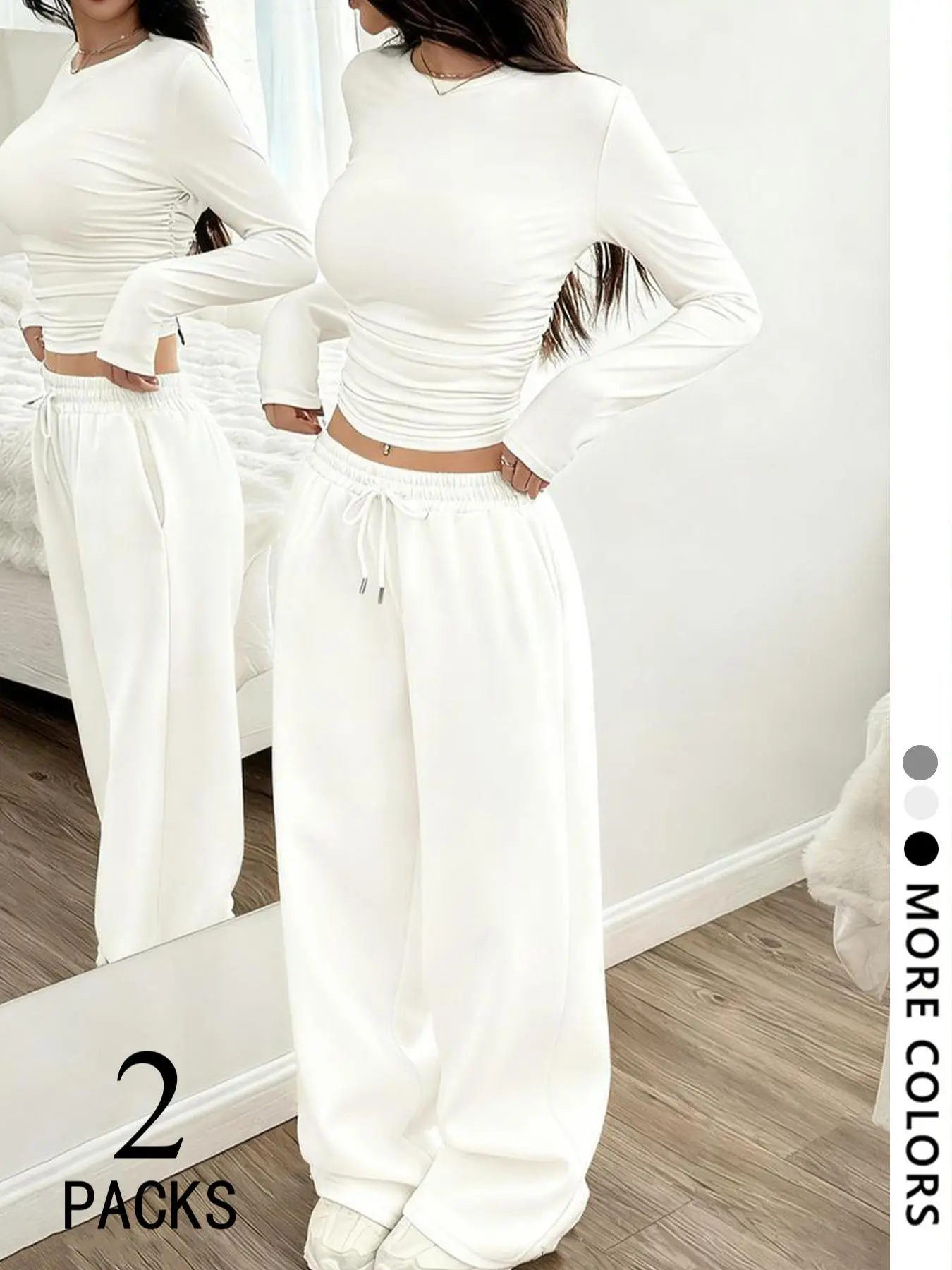 Women's 2-Piece Loungewear Set, Womenswear, featuring long-sleeve ruched cropped top and high-waisted wide-leg pants with drawstring waist, stretchy, soft fabric ideal for Spring cozy lounging and casual daily wear, available in white, black