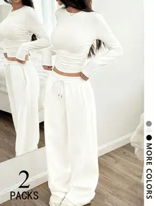 Women's 2-Piece Matching Loungewear, Nightwear, Pajama Set, featuring long-sleeve ruched cropped top and high-waisted wide-leg pants with drawstring waist, Stretchy, soft fabric ideal for cozy lounging and casual daily wear, available in white, black