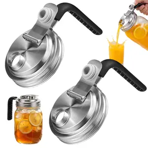 2PCS Stainless Steel Mason Jar Pour Spout Lid, Wide Mouth Mason Jar Pitcher Flip Cap Lids with Handle for Ball Jar Lids, Without Mason Jar