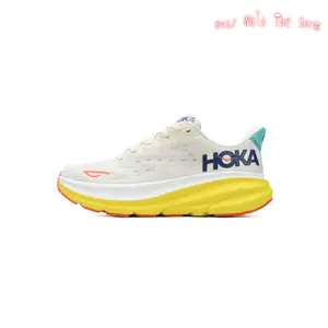 Off White Lightweight Woven Mesh Low Top Road Running Shoes, Teal Heel Patch Navy Orange Side Logo Bright Yellow Thick Foam Cushion Midsole Orange Tread Anti-Slip Rubber Outsole Marathon Training Athletic Sneakers