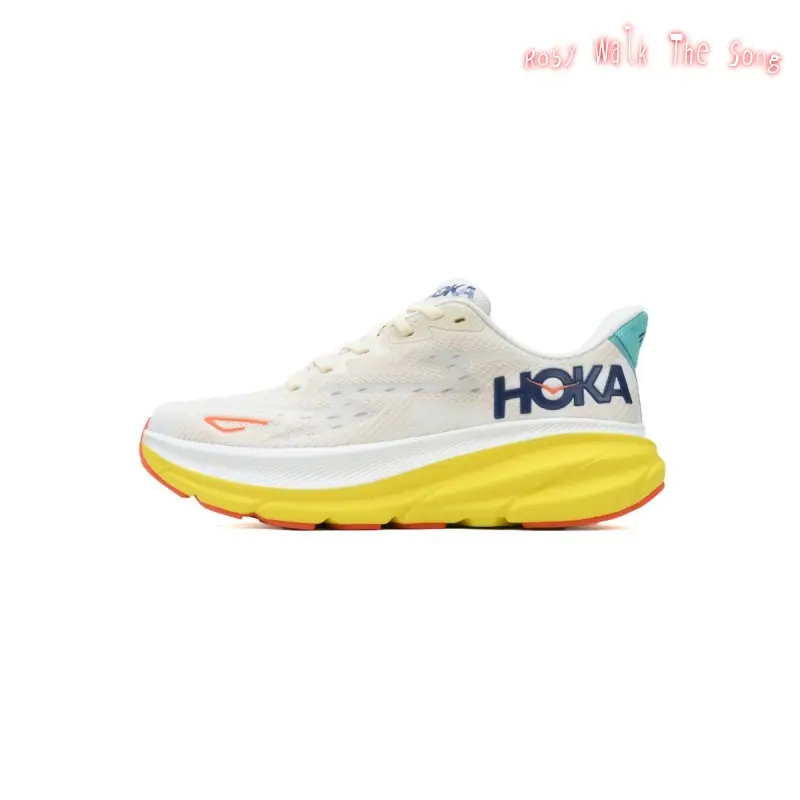 Off White Lightweight Woven Mesh Low Top Road Running Shoes, Teal Heel Patch Navy Orange Side Logo Bright Yellow Thick Foam Cushion Midsole Orange Tread Anti-Slip Rubber Outsole Marathon Training Athletic Sneakers