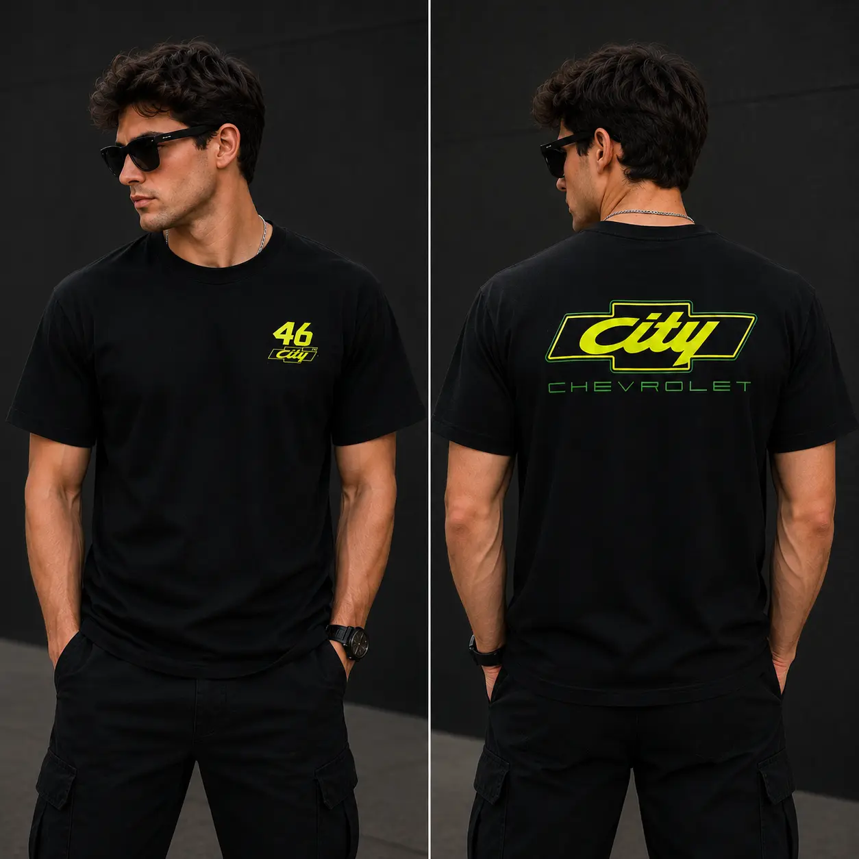 City Chevrolet Racing T-Shirt, Neon Green Chevy Logo Graphic Tee, Double Sided Motorsports Shirt, Unisex Cotton Tee, Gift Idea Fan Men Top