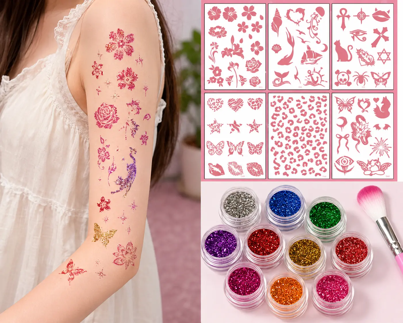 DIY Glitter Temporary Tattoo Sticker Kit with Glitter Powders Stencil Sheets Brushes Cosmetic Adhesive Body Art Craft Set for Kids and Adults Party Favors Birthday Activities Festival Decorations Creative DIY Craft Supplies Gift Set