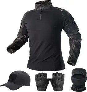 Mens Tactical Camo Shirt Long Sleeve Combat Top with Cap Gloves Balaclava 1/4 Zip Military Airsoft Gear Set for Hiking Camping