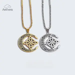 Aethra Stainless Steel Moon Celtic Knot Cross Necklace 60cm Chain Protection Amulet Jewelry for Men and Women Elegant Everyday Wear