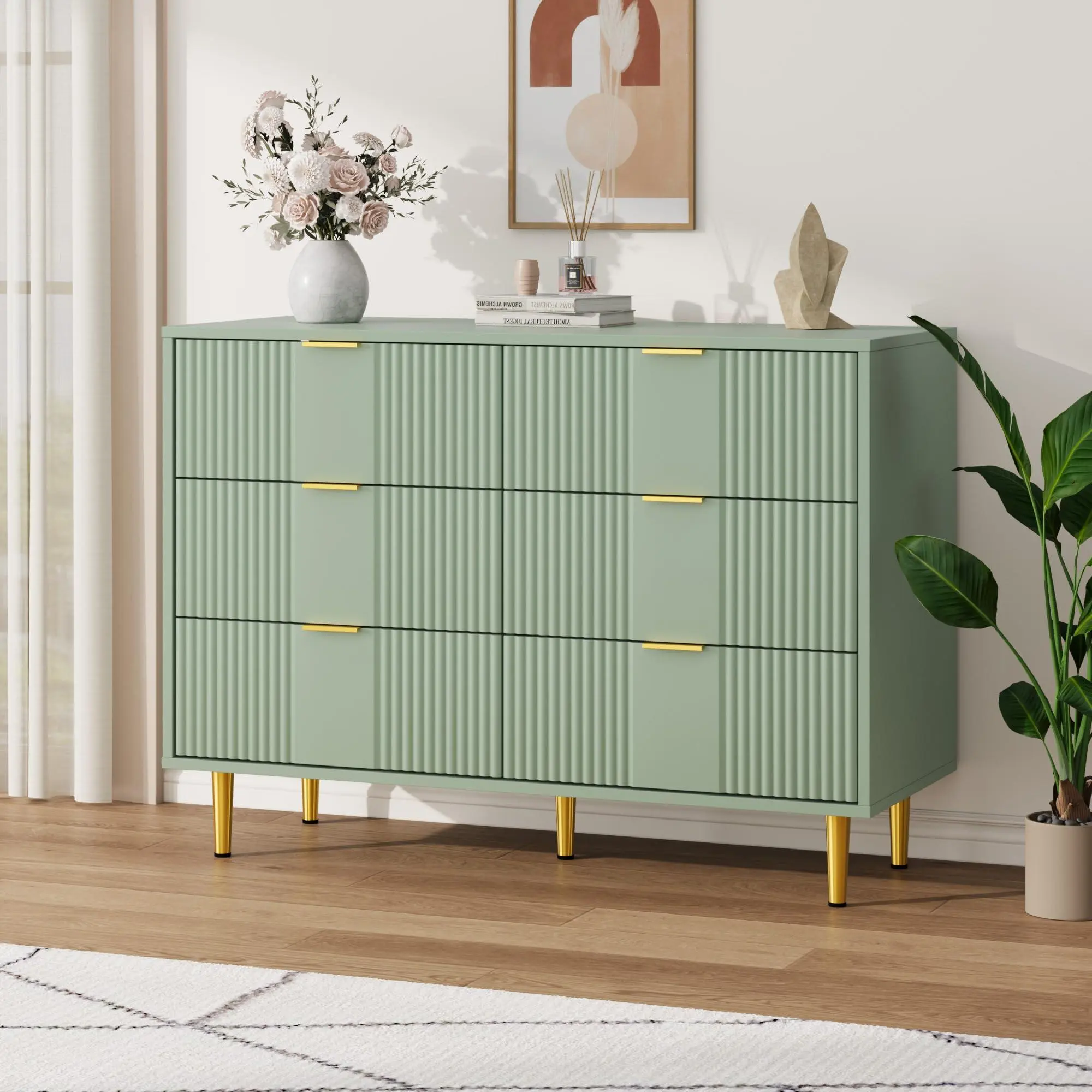 Olive Green Fluted Panel Dresser - 39.4 in Wide Modern Wooden Frame Chest with 6 Drawers, Metal Handles, Multi-Use Clothes Storage Organizer for Bedroom, Living Room, Fluted Panels