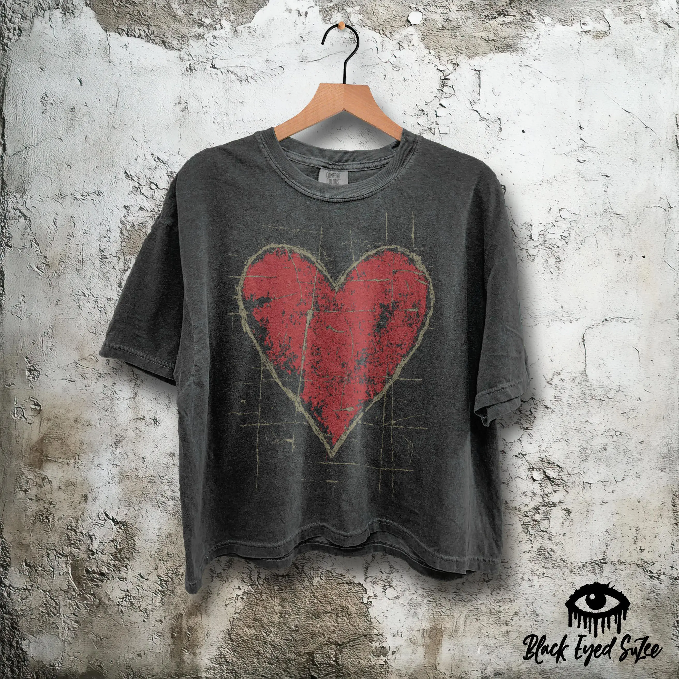 Grunge Distressed Heart Shirt - Large Graphic Cropped T-shirt Womens Comfort Colors Boxy Crop Tee In Pepper Charcoal Gray Faded Black