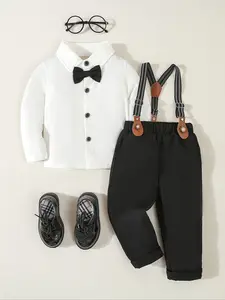 Boys' Gentleman Toddler Set, 2-Piece Formal Long Sleeve Shirt & Bow Tie + Casual Suspender Pants, Perfect for Birthdays, Performances, Weddings