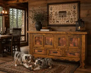Sliding Copper Doors Yoke Bar Cabinet – Rustic Solid Wood Sideboard