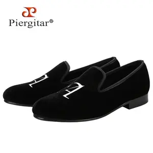 Handmade Custom Initials Embroidery Men's Loafers Black Velvet Slip-On Smoking Slippers For Wedding Or Party Red Sole