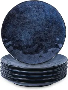 vicrays Ceramic Dinner Plates Set, 10.5 Inch, Set of 6, Round, Oven, Microwave, Dishwasher Safe, Porcelain Fluted Suitable for Pasta, Steak, Pizza, Home, Party, Restaurant (Blue)