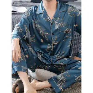 Men's Pajamas Spring and Autumn Long Sleeve Long Pants Home Clothes Men's Can Be Worn Outside Summer Air Conditioner Clothes Open Shirt Printed Two-piece Set  Tops Blue