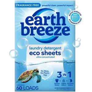 Earth Breeze Laundry Detergent Sheets Fragrance-Free - 60 Loads Eco Liquidless Soap - Travel-Friendly for Hot & Cold Cycles, Tackles Tough Stains & Odors - Gentle on Sensitive Skin, 30 Ct