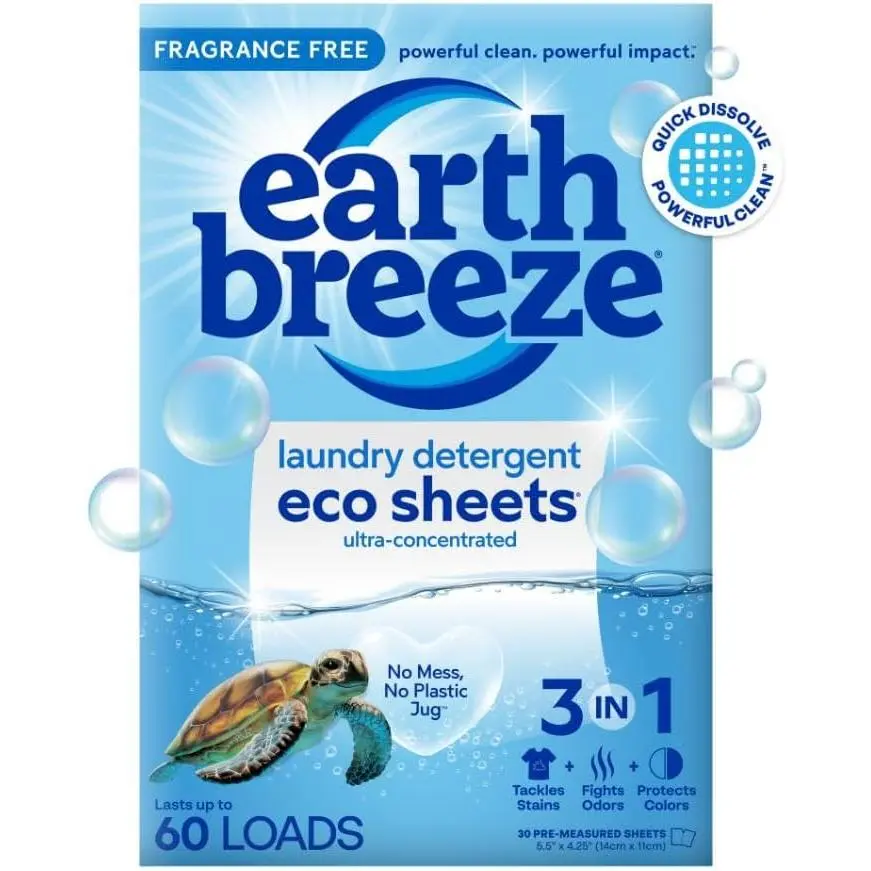 Earth Breeze Laundry Detergent Sheets Fragrance-Free - 60 Loads Eco Liquidless Soap - Travel-Friendly for Hot & Cold Cycles, Tackles Tough Stains & Odors - Gentle on Sensitive Skin, 30 Ct