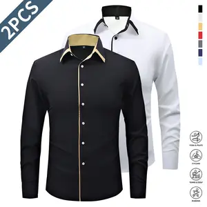 Men's Fashion Spring and Autumn Dress Light Business Long Sleeve Shirt Classic Double-breasted Elastic Contrasting Color Comfortable Breathable Sweat Top Men's Clothing