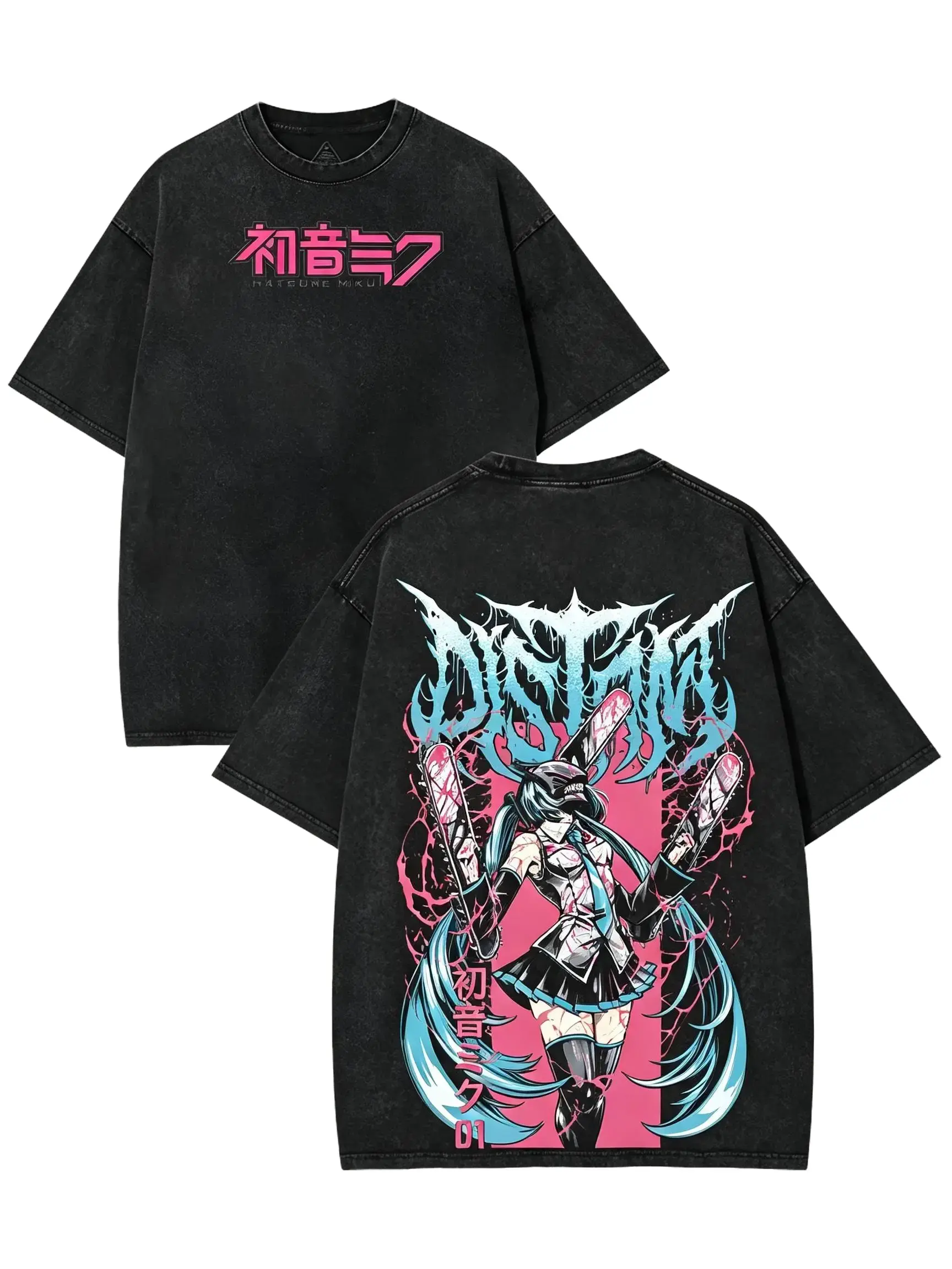Vintage Acid Wash Anime Graphic Tee Oversized Hatsune Miku Chainsaw Man Heavyweight T-Shirt Unisex Cyberpunk Streetwear