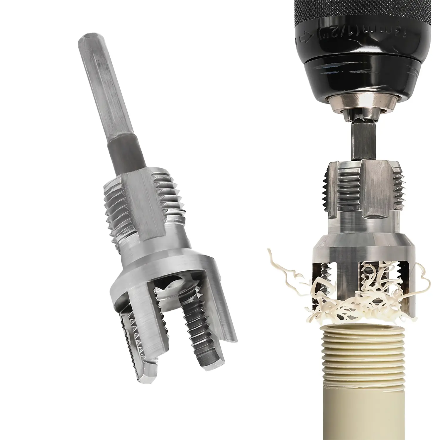 Drill-Powered Plastic Pipe Threading Tool Set (1/2 inches, 3/4 inches) - Internal/Ext. Threader with Drive Rod, Seal Tape Incl. for PVC PPR Repairing & Plumbing