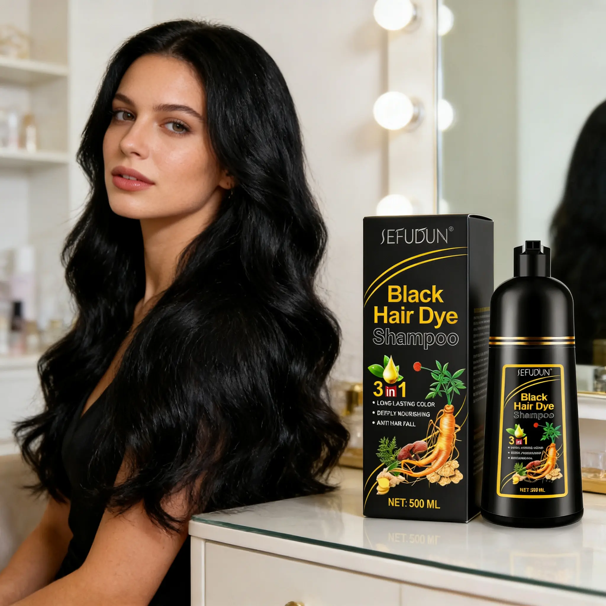 Three-In-One Dye Shampoo 500ML, Natural Herbal Ingredients, Long-Lasting Color & Shine, Gentle Formula, Suitable for All Hair Types, Hair Care Products