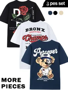 3-Pack Plus Size Men's Vintage Print T-Shirts, Rose/bronx/half Mechanical Bear, Loose-Fit Short Sleeve, Casual Long Clothing