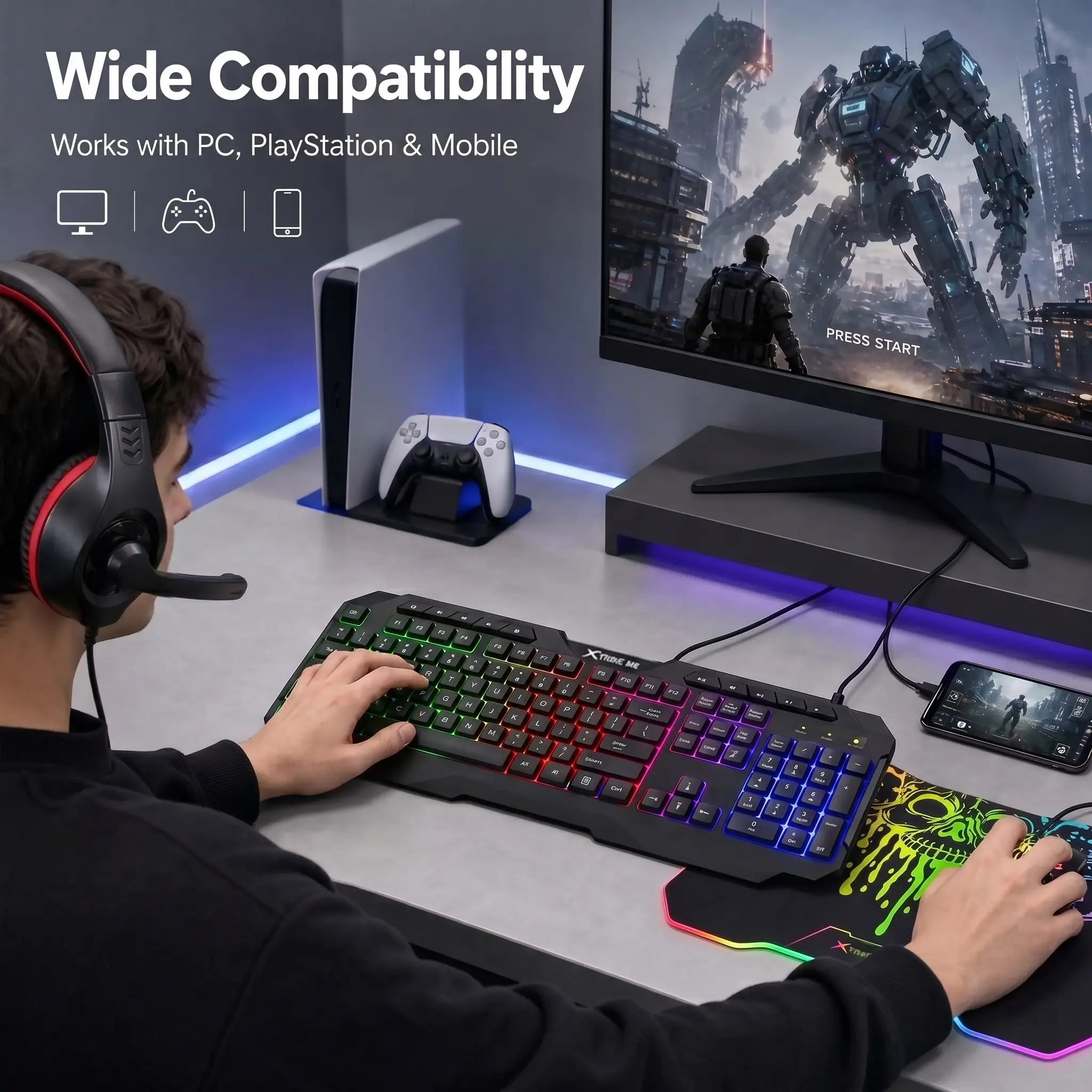 Wired 4-Piece PC Gaming Peripheral Set - 104-Key Membrane Keyboard, Precision Mouse, Closed-Back Headphones, Non-Slip Rubber Mouse Pad for Home, Office Use