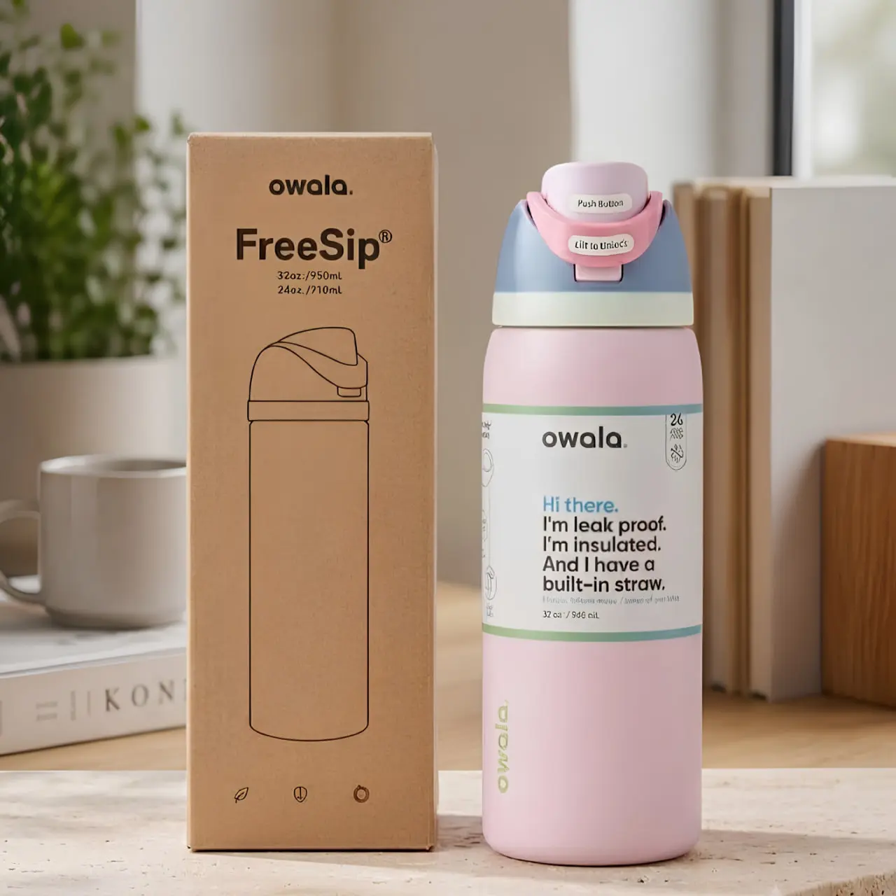 Owala FreeSip 32oz Insulated Stainless Steel Water Bottle - Light Pink, Leak Proof, BPA Free, Built-In Straw Travel Drinkware