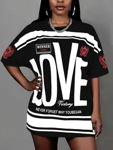 Plus Size Love Letter Graphic Print Oversized T-Shirt Dress, Vintage Street Style Sporty Loose Casual Short Sleeve Dress, Summer Home Night Out Vacation Wear